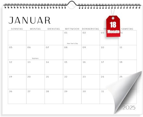 Kalender 2025 Wandkalender, 18 Monatskalender 2025/26, 37,5 x 29,1 cm Großer Familienplaner 2025 mit Jahreskalender Planung, Paarkalender vom Januar 2025 bis Juni 2026 (Weiß)