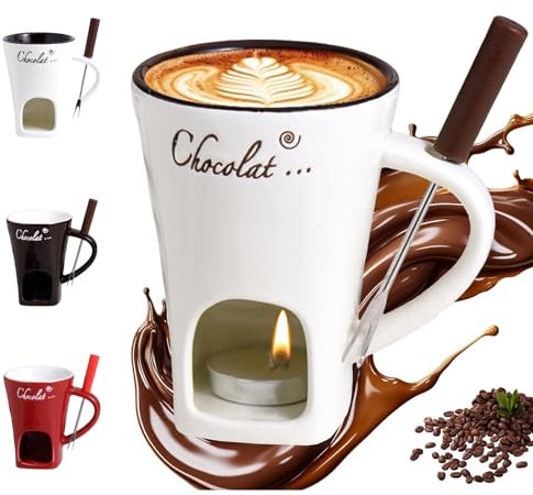 Schokofondue Tasse,Becher zum Schmelzen von Schokolade,Keramik Schokoladenfondue Tasse,Mehrzweck Chocolate Fondue Set mit Gabel und Teelicht,geeignet für Käse,Schokolade,Butter und Karamell (Weiß)