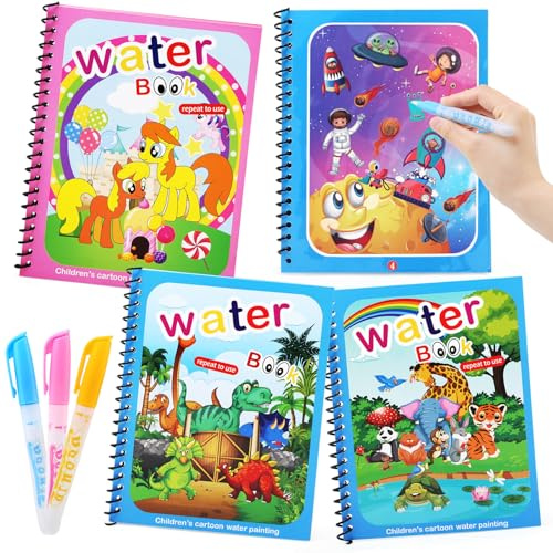 JoyPlus 4 PCS Magic Water Colouring Books, Reusable Water Painting Books with 4 Water Pen, Water Colouring Books for No-Mess Drawing, Portable Educational Doodle Drawing Toy for 3+ Year Old Boys Girls