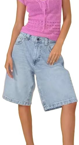 YCBMINGCAN Pantalones vaqueros cortos para mujer, bermudas, elásticos, retro, informales, bermudas, elásticos, pantalones vaqueros para verano, pantalones capri, vaqueros de verano, azul claro, M
