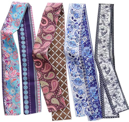 4Pcs Fashion Silky Scarves for Women,Floral Scarves Headbands Satin Scarf for Bag Hair Accessories Gift (Blue Orange White)