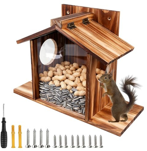 PORFOYO Mangeoire Écureuil Exterieur en Bois, Mangeoire en Bois pour Écureuil, Distrubuteur De Nourriture Écureuils, MaisonÉcureuil, Station d'alimentation pour Nourrir Les Écureuils