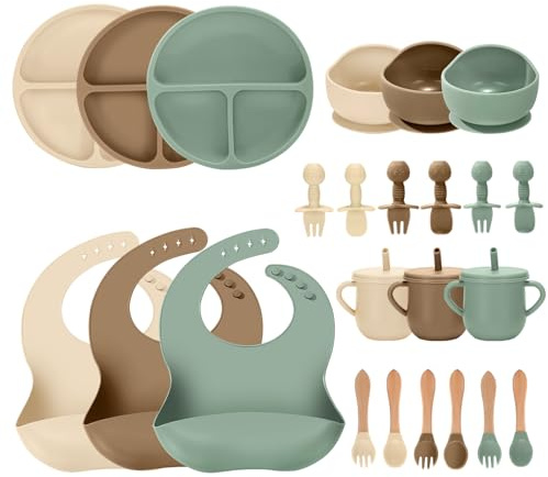 JELLDJK 24 PCS Silicone Baby Feeding Set, Baby Led Weaning Supplies Includes Suction Bowls and Divided Plates, Adjustable Silicone Bib, Spoons&forks, Training cup with straw (Green+Brown+Beige)