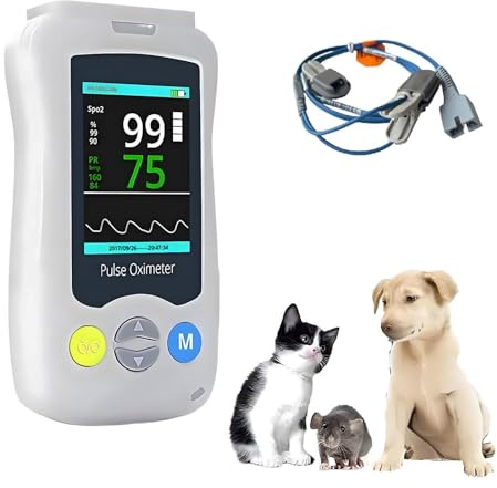 Axazcs Pulsioximetro Veterinario de Mano, Pantalla de 2.4 Pulgadas Pulsioximetro Veterinario, Monitor de Pulso SPO2, Sensor de SPO2 de Oreja/Lengua.