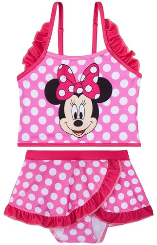 Disney Minnie Mouse Bikini Niña 2-6 Años, Conjunto Niña 2 Piezas con Falda, Tirantes Ajustables Top Niña y Braguita Bikini, Ropa de Baño para Niños (5-6 Años, Rosa/Blanco Minie)