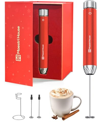 Maestri House Wiederaufladbarer Milchaufschäumer mit stufenloser Geschwindigkeitsregelung, Hand-Milchaufschäumer mit wasserdichtem, abnehmbarem Schneebesen Weihnachtsmann Rot (Geschenkbox)