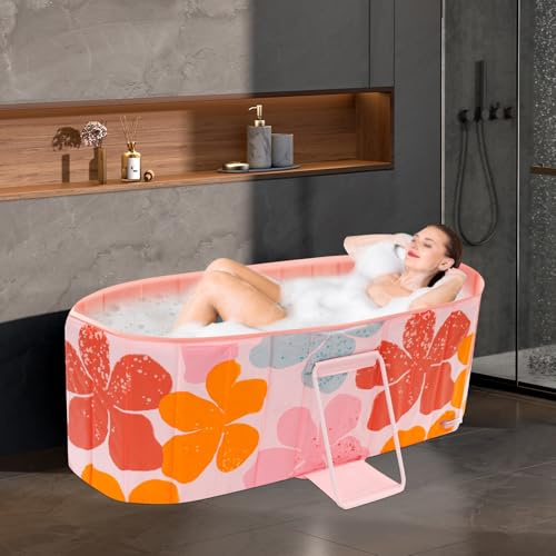 Bärbart mobilt badkar, vikbart badkar för vuxna, för hem-SPA, isbad, bastu och dusch med avloppsskruv och slang, upp till 100 kg, upp till 175 cm, 150 x 55 x 50 cm (rosa)
