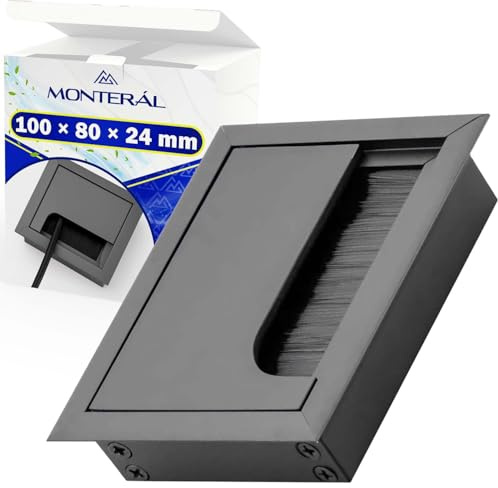 Tapa Pasacables Escritorio 100 x 80 mm H24 mm Color Negro - Pasacables Mesa Escritorio con Cepillo - Garantía de 10 Años - MONTERAL