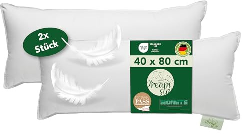 DREAMSTAR Cuscino in piuma 40 x 80 cm [set da 2] | Cuscino a 3 camere in piuma | Cuscino 40 x 80 piumino e piume | Cuscino Eco-TEX | Alta qualità hotel | adatto alle persone allergiche