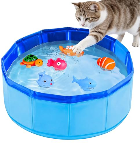 EKKONG Piscine pour Chat avec Poisson, 30×10cm Petite Piscine Pliable pour Chats avec 6 Jouets, Portable Pataugeoire pour Animaux, Jouet de Piscine pour Chat pour Chats Chiens Été Bain et Jeux