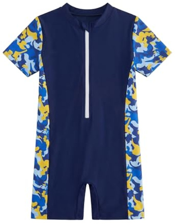 JiAmy Boys' Camouflage Short Sleeve One-Piece Swimsuit with Front Zip