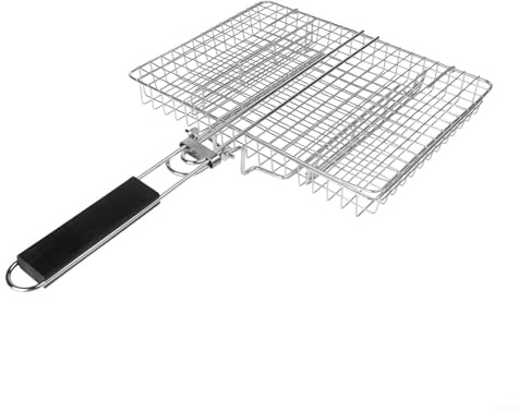 MKTOLHUS Cesta de parrilla de acero inoxidable, red de barbacoa profunda, mango de bloqueo seguro, apto para lavavajillas, diseño plegable, amplio espacio de cocción, 50,5 x 31 x 4 cm, negro y