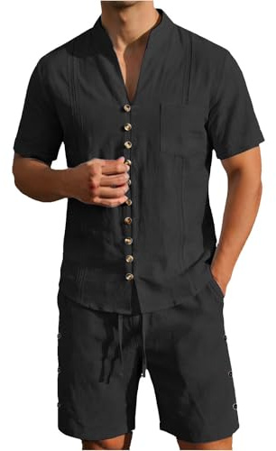 Conjunto de verano para hombre, camiseta de manga corta, pantalones cortos casuales cómodos y camisa con capucha, camisa de lino con botones, camisa de lino suave y cómoda, camisa informal de verano