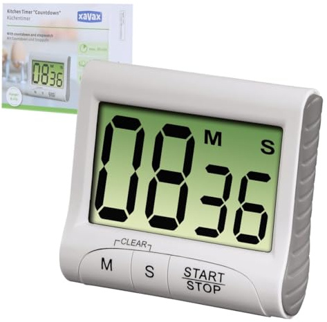 Xavax Digitaler Küchentimer (Eieruhr mit Timer- und Stopp-Uhr-Funktion, Befestigung via Magnet, Clip, Hänger oder Aufsteller, batteriebetriebener Kurzzeitmesser) weiß
