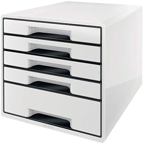 Leitz CUBE Schubladenbox mit 5 Fächern, A4, Inkl. transparentem Schubladeneinsatz, Weiß /Schwarz, WOW, 52531001