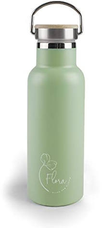 Lacor - 62556 - Botella Acero Inoxidable Flora, Botella de Agua, Doble Pared de Aislamiento, Tapón de Madera con Anilla para Colgar, Libre BPA, Capacidad: 0.5 L, Verde
