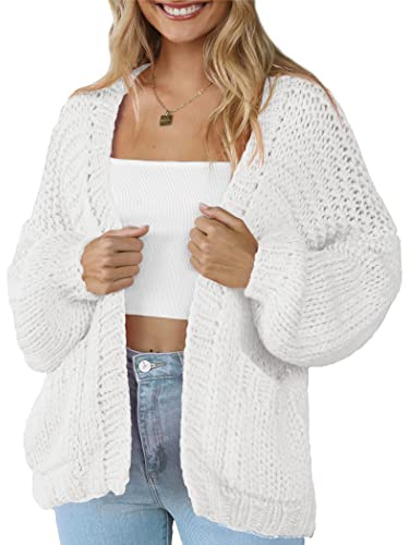 Women Long Sleeve Cable Knit Cardigan Open Front Oversized Lightweight Sweater Cardigans with Pocket White