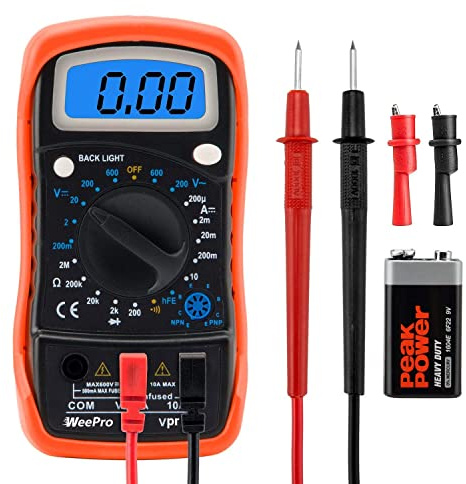 WeePro Vpro850L Digital Multimeter DC AC Voltmeter, Ohm Volt Amp Test Meter, Electric Tester Ohmmeter with Diode and Continuity Detector, Backlit Display and Insulated Rubber Case Kickstand