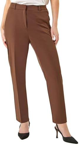 Roman Straight Leg Stretch Trousers for Women UK Ladies Work Office Smart Suit Pants Slacks Cigarette Tailored High Elasticated Waist Ankle Grazer Slim Angela - Short Brown (25 inch) - Size 14