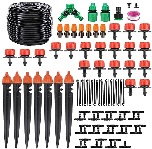 HUAZIZ 40 Meter Sistema Irrigazione a Tubo Singolo, 88 Pezzi Micro Gocciolamento Fai da Te con Ugello Regolabile Kit Sistema Irrigazione Automatico per Giardino, Patio, Serra, Prato, Pianta