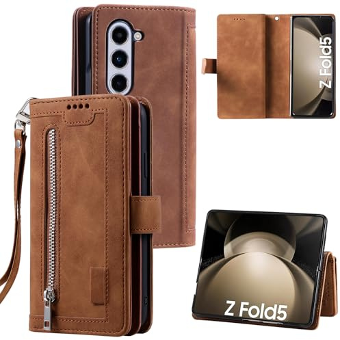 EYZUTAK Wallet Phone Case for Samsung Galaxy Z Fold 5, Retro Matte 9 Card Holder Slots Zipper Pocket Case PU Leather Magnetic Closure Kickstand with Wrist Strap Folio Flip Case - Brown
