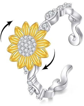 Vadmans Sunflower Fidget Spinner Ring Sterling Silver Sunflower Ring Anti Stress Jewelry Gifts for Women Wife