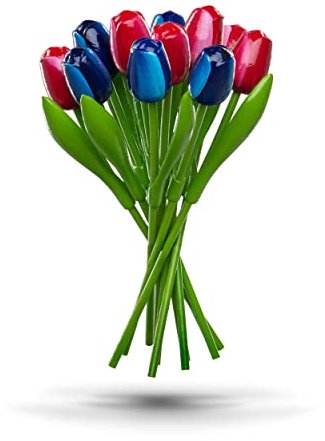 MomoMoments Bouquet di tulipani in legno, decorazione in legno, fiori artificiali in legno, 11 tulipani in legno, 34 cm, dipinti a mano, bouquet, decorazione, regalo, mix rosso/blu