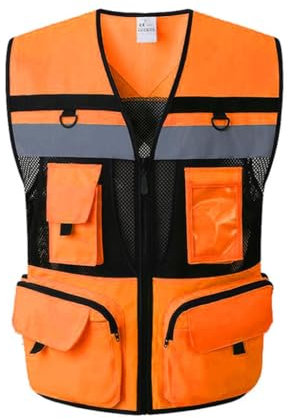 Work Safety Vest 9 Pockets Motorcycle Orange Summer Mesh Vest Reflective Safety Vest High Visibility Night Warning Safety Coat for Car Hi Vis Reflective