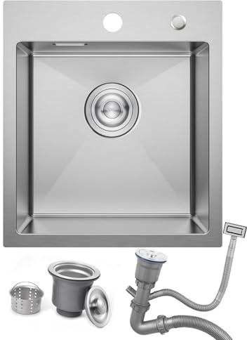 40×45cm Fregadero Cocina Cepillado, Fregadero Cocina 1 Seno sobre Encimera ou Empotrado, Fregadero Cepillado 1 Seno Inox con Desbordamiento y Sifon, Bares y Restaurantes