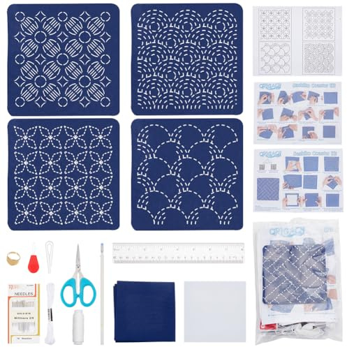 FREEBLOSS Juego de 4 posavasos Sashiko, kit de bordado con hilo, agujas y fabricación de posavasos de tela