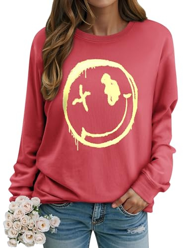 WIEIYM Women Sweatshirt Smile Face Crewneck Pullover Long Sleeve T Shirt Graphic Print Basic Tops Causal Jumpers S-XXL Red