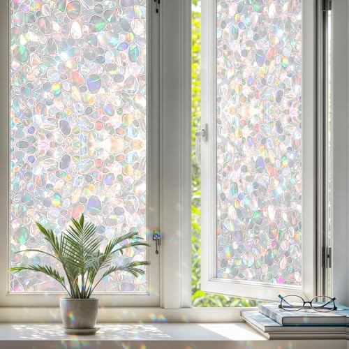 Qualsen Rainbow Window Film Privacy Film for Glass Windows Pebble Pattern Stained Glass Window Films Static Cling Opaque Decorative Anti UV for Home Bedroom Office 30x120cm