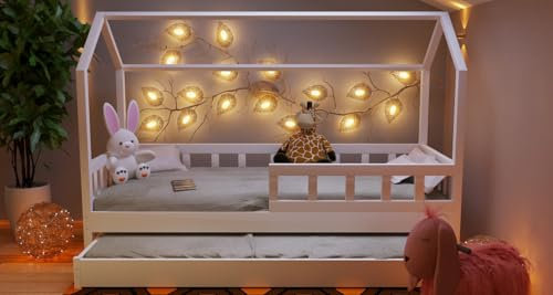 Holzti - Hausbett 160x90cm, mit Schubladen, Weiß - Kinderbett aus Holz, mit Lattenrost und abnehmbarem Rausfallschutz - Bodenbett bis 180 kg Belastbar, aus Kiefernholz - für Mädchen, Junge