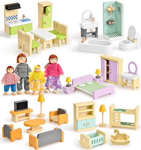 Atoylink Muebles Casa de Muñecas de Madera con Accesorios Coloridos y 4 Muñecas Familiares, Juguetes Educativos y Juego de Simulación para Niños Niñas Partir 3 Años +