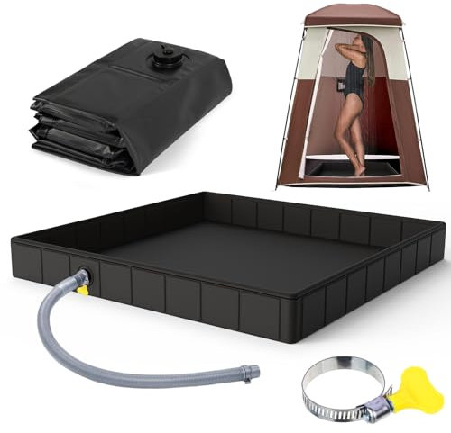 Snovire Portable Camping Shower Tray, 104x104x15cm Foldable Shower Base with Drain Pipe, Pet Shower Bathing Tray, Portable Shower Pan For Camping, Beach, RV, Tent, Outdoor Shower Cubicles