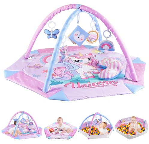YTACREA Gimnasio Bebe Unicornio 4 en 1, Manta Actividades Bebe con 5 Juguetes Colgantes y Almohada, Alfombra Juegos Acolchada Plegable, Alfombra Sensorial para Recién Nacidos, 3-24 Meses