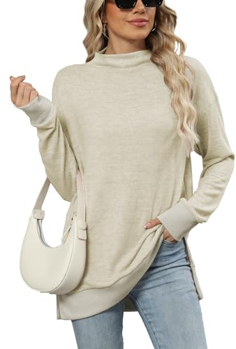 Famulily Ladies Long Sleeve Casual Knitted Jumpers, Side Slits Loose Mockneck Tunic Longline Sweater Tops for Leggings (XL, Beige)
