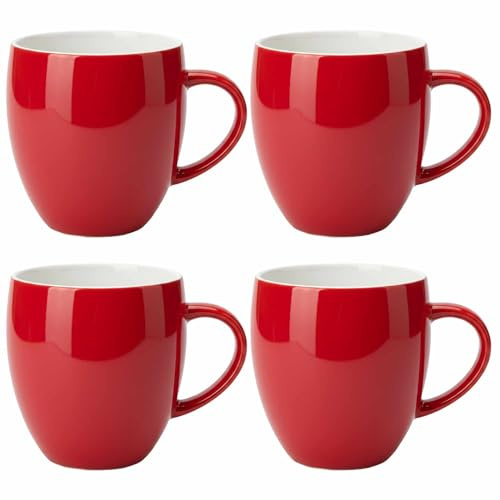 AiXception Ceramic Coffee Mugs Set of 4, Classic Red, White Interior, Microwave Dishwasher Safe, Classic Design 320 ml