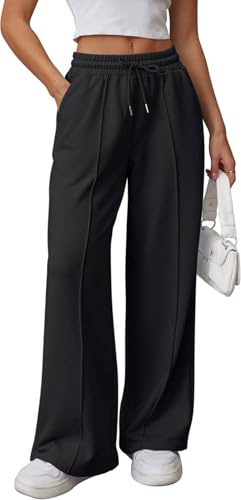 OLIPHEE Pantalones Mujer Cintura Elástico Pantalones Fluidos Mujer Pierna Ancha Suelto con Cordón Pantalón Casual Deportivo Yoga Primavera Otoño A-Negro XL