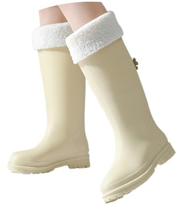 Allbestop Bottes Pluie Mollets Larges, Chaussures Femme Confort Chic Bottes Caoutchouc Fourrées Femme Chaussure Hiver Bottines Mi-Mollet à Talon Carré pour Confortable pour Chaussures Hiver(Beige,40)