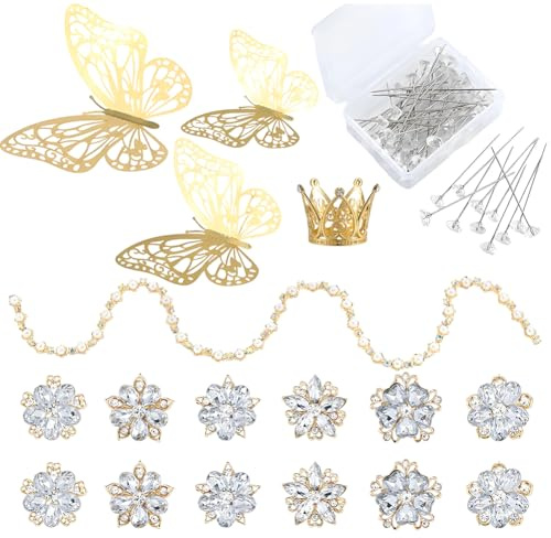 SOFPLATE Strass broscher bukett nålar diamant blomma brosch med krona strass kedja 3D fjärilar rakt huvud nål bulk bröstbukett tillbehör kit för bröllopsfest hantverk kvinnor