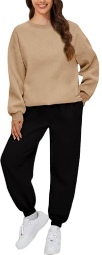 Generisk fritidsoverall för kvinnor, stora storlekar, tvådelad, långärmad, loungeset, rund hals, joggingdräkt, enfärgad, loungewear, ledig, lös, streatwear, mysig sportdräkt med fickor, husdräkt, kaki