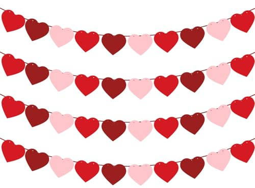 4 Bannières en Feutre en Forme de Cœur pour Décorations de Saint-Valentin, Guirlande de Cœurs Rouge et Rose Pré-assemblée pour Mariages, Anniversaires & Fêtes, Facile à Suspendre et Durable