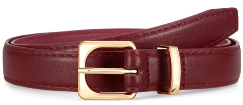 VONMELLI Womens Thin Leather Belt for Jeans Pants Dress Fashion Skinny Belt with Gold Buckle for Women Burgundy Fit Waist Size 31-37