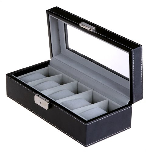 SONGMICS Watch Box with 5 Compartments, Glass Lid, Watch Box with Soft Velvet Lining, Display and Storage of Watches, with Lock and Keys, JWB05B