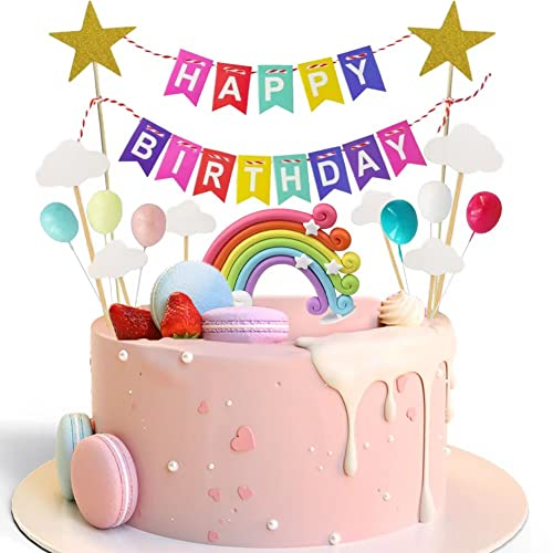 Geburtstag deko, Tortendeko geburtstag, Regenbogen-Kuchendekorationen, Mini-bunten Ballon-Cupcake-Topper, Wimpelkette Tortenaufsatz, geburtstagsfeier-Dekoration.