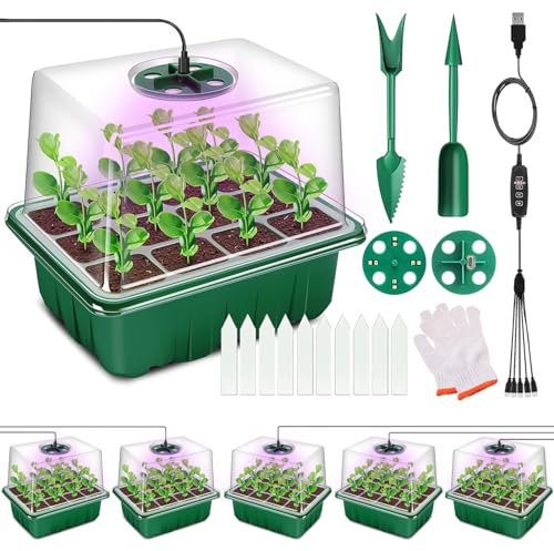 DUOLAM Lot de 5 Plateaux de Germination avec lumière, Mini Serre pour Semis, Spectre Complet avec contrôleur de minuterie Luminosité réglable, 10 étiquettes et Gants, Culture de graines de Plantes