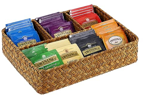 IGNPION 4 Compartments Seagrass Storage Tray Tea Bag Storage Basket Drawer Divided Holder Kitchen Woven Decorative Organizer Basket for Countertop, Desktop, Shelf (Caramels)