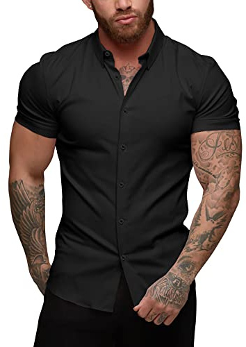 URRU Camicie da Uomo a Maniche Corte Elasticizzate Slim Fit Camicie Casual con Bottoni per Uomo, Manica Corta Nera., M