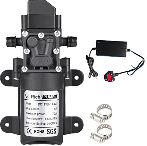 VerRich 12V Water Pumps Diaphragm Pump with Power Supply Adaptor and 2 Adjustable Hose Clamps for Water Tap,Motorhome,Caravan